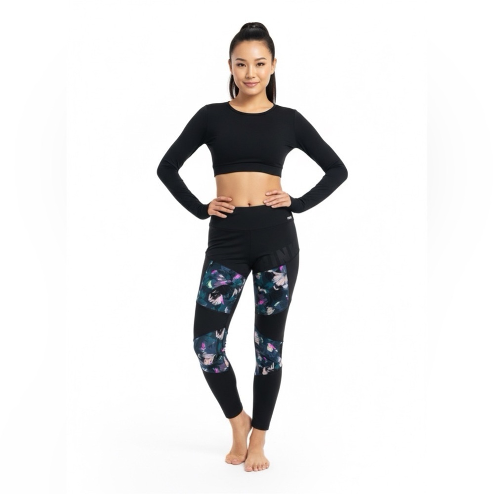Victoria’s Secret PINK High Waisted Bonded Mesh Leggings Black Floral Sz L
